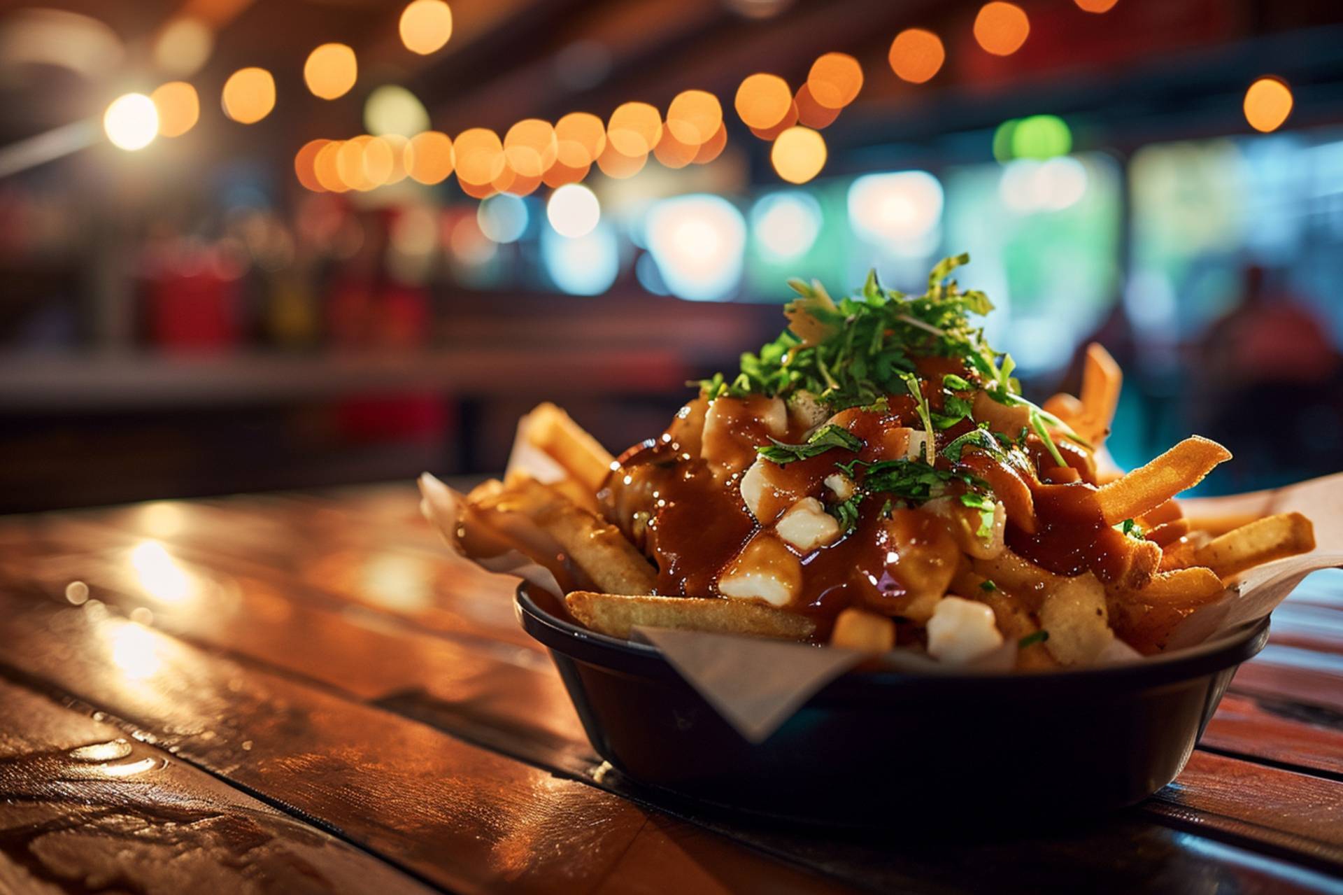 A plate of poutine with fries, cheese curds, and gravy
